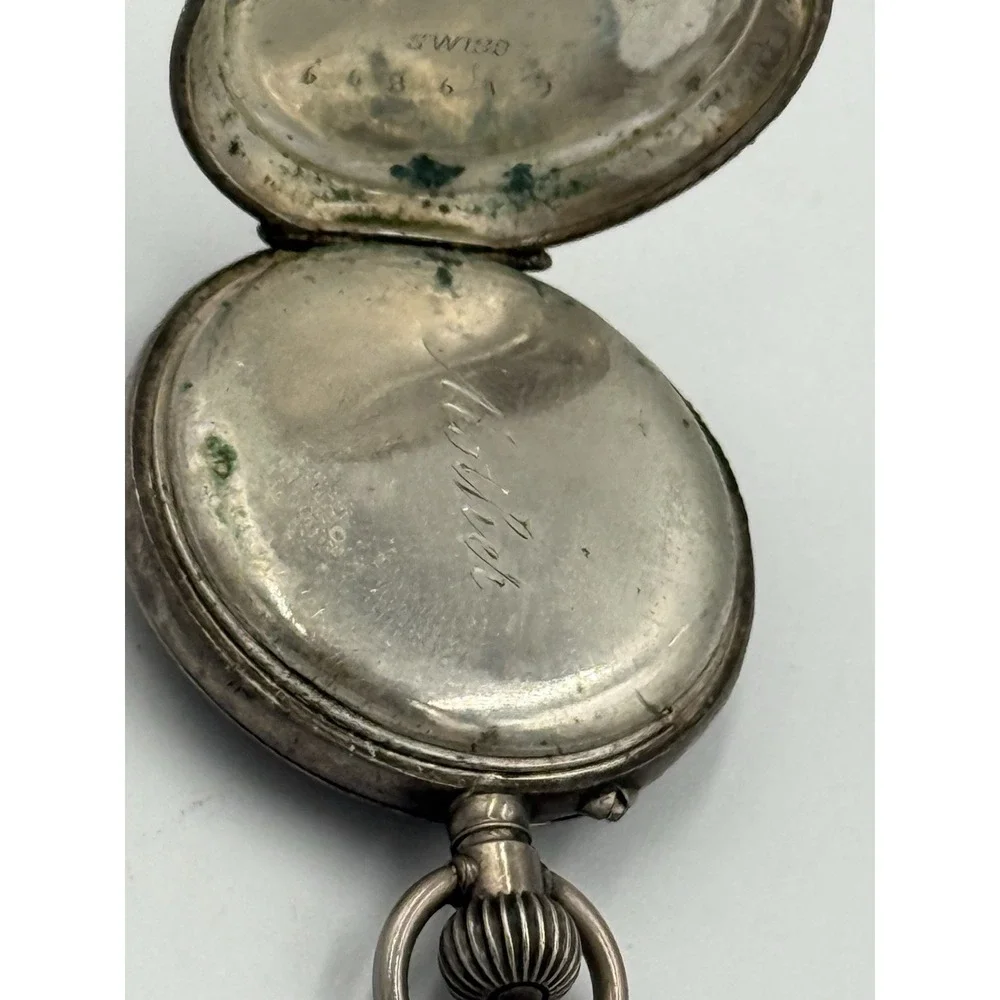 Antique Swiss 800 Silver Hunter Case Pocket Watch Engraved Swan Roman Numeral